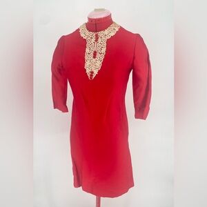 VTG 60s 70s Red Mini Dress With Lace Yoke Detail By Judy Bee Inc